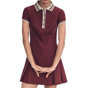Zara Box Pleat Schoolgirl Tennis Dress Burgundy Wine Contrast Polo Size M NWT